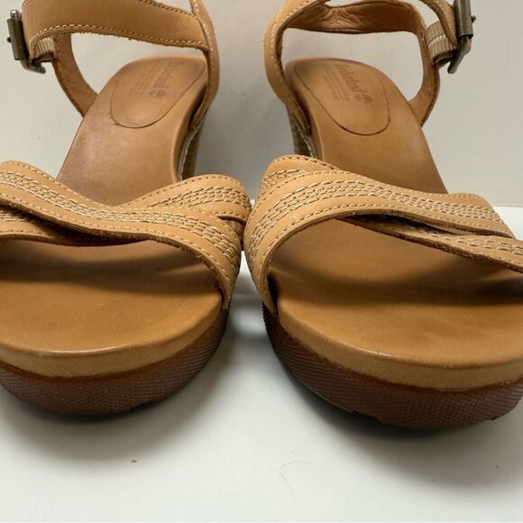 Timberland Womens Sz 8.5 Sandals Heels Tan Leather Ankle Strap Open Toe - Picture 5 of 10